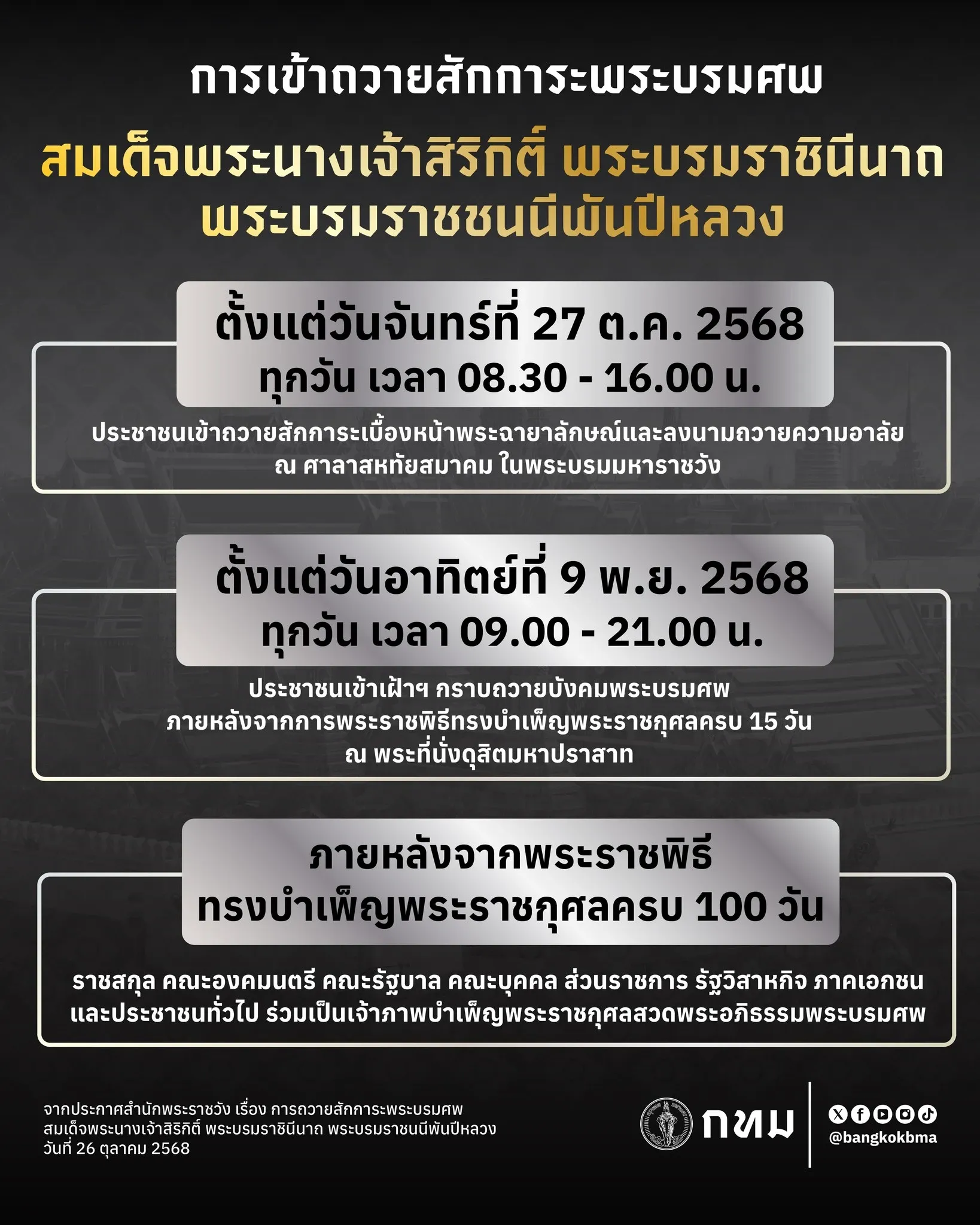 กำหนดการเข้าถวายสักการะพระบรมศพสมเด็จพระนางเจ้าสิริกิติ์ฯ