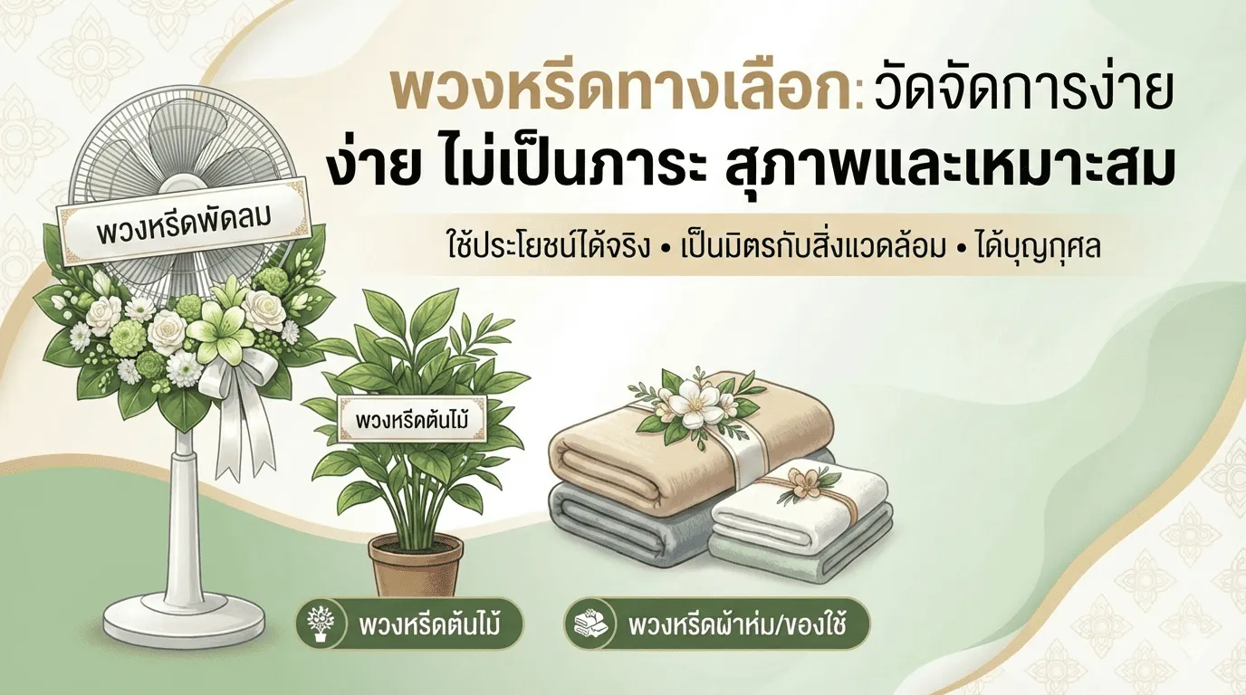 Banner บทความ พวงหรีดไหนวัดจัดการง่าย