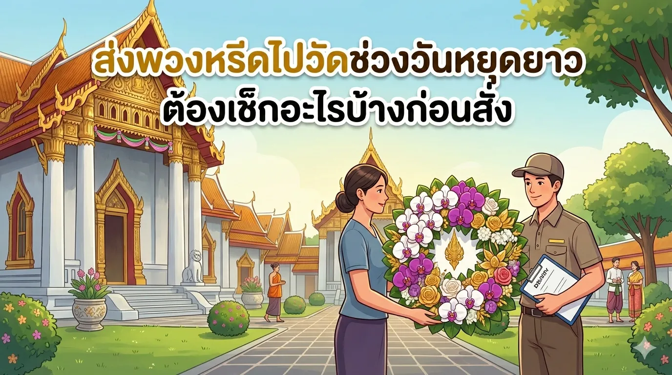 Banner บทความ ส่งพวงหรีดไปวัดช่วงวันหยุดยาว ต้องเช็กอะไรบ้างก่อนสั่ง