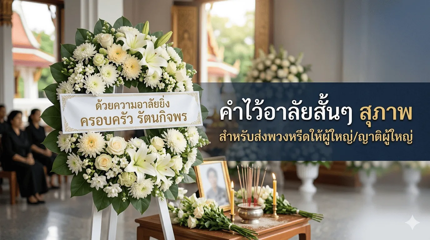 Banner บทความ คำไว้อาลัยสั้น ๆ สุภาพ สำหรับส่งพวงหรีดให้ผู้ใหญ่/ญาติผู้ใหญ่