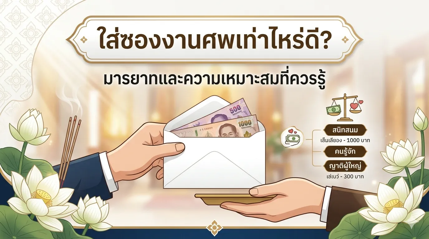 Banner บทความ ใส่ซองงานศพเท่าไหร่ดี? มารยาทและความเหมาะสมที่ควรรู้