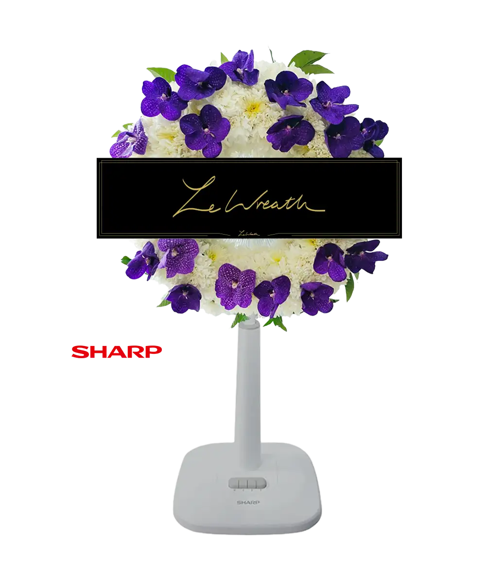 พวงหรีดพัดลมสีขาวทรงกลมโทนขาวม่วง ประดับกล้วยไม้สีม่วง